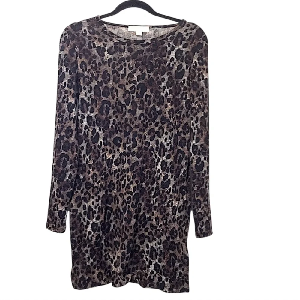 Michael Kors Woman’s Long Sleeve Black Brown Leopard Print Mini Sweater Dress M